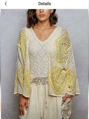 POL Crochet Open Cardigan - Cream with Yellow Accents